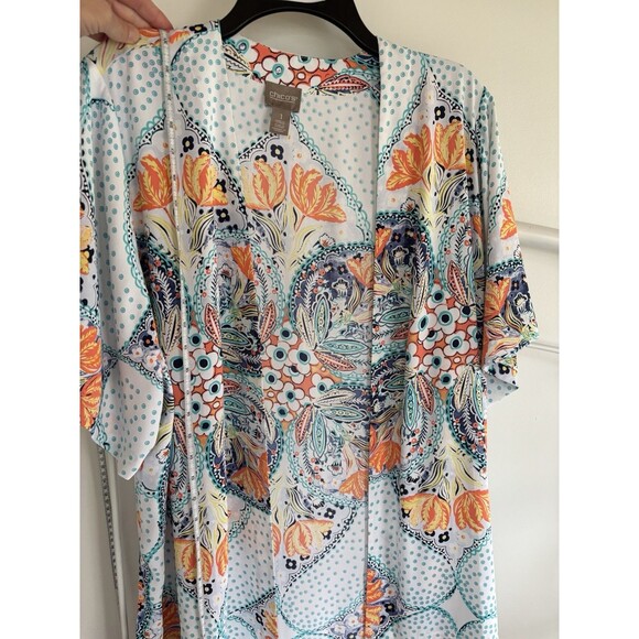 Chicos Flowy Floral Open Shirt Tunic Size 1 Orange Blue Cruise Resort - Picture 4 of 5